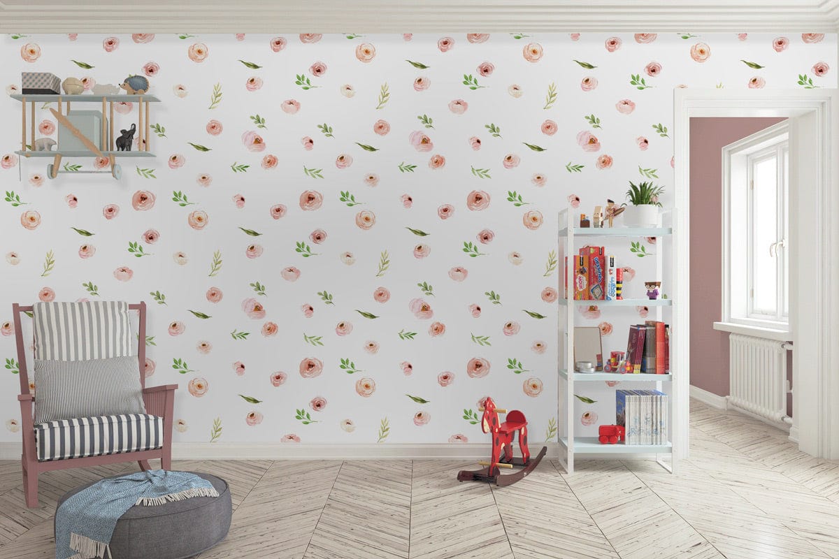 Pastel Floral Delight Watercolour Blossom Wallpaper in living room with striped chair, herringbone flooring.