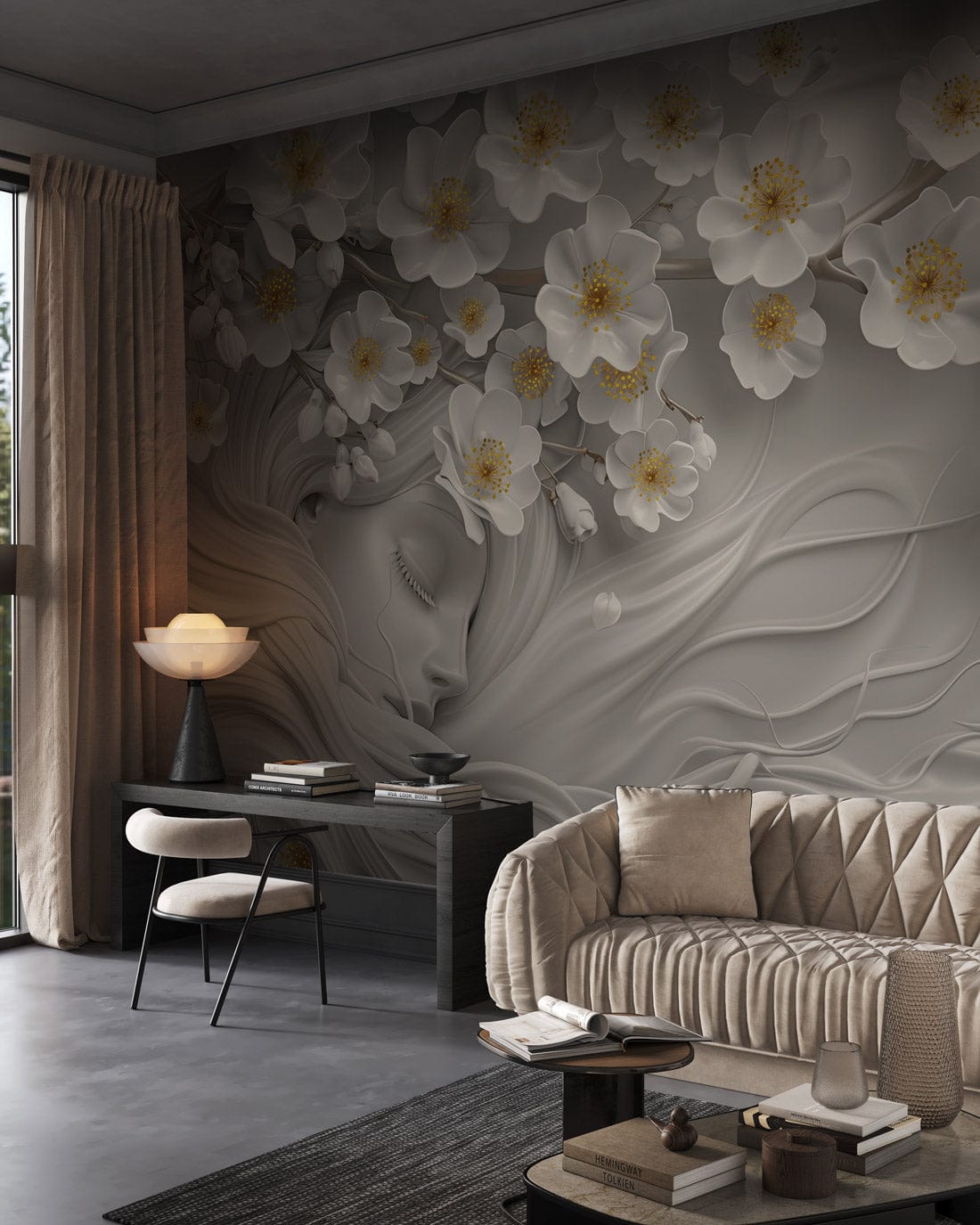 Tranquil Floral Dream 3D Mural: White Blossoms, neutral sofa, grey flooring, elegant living room.