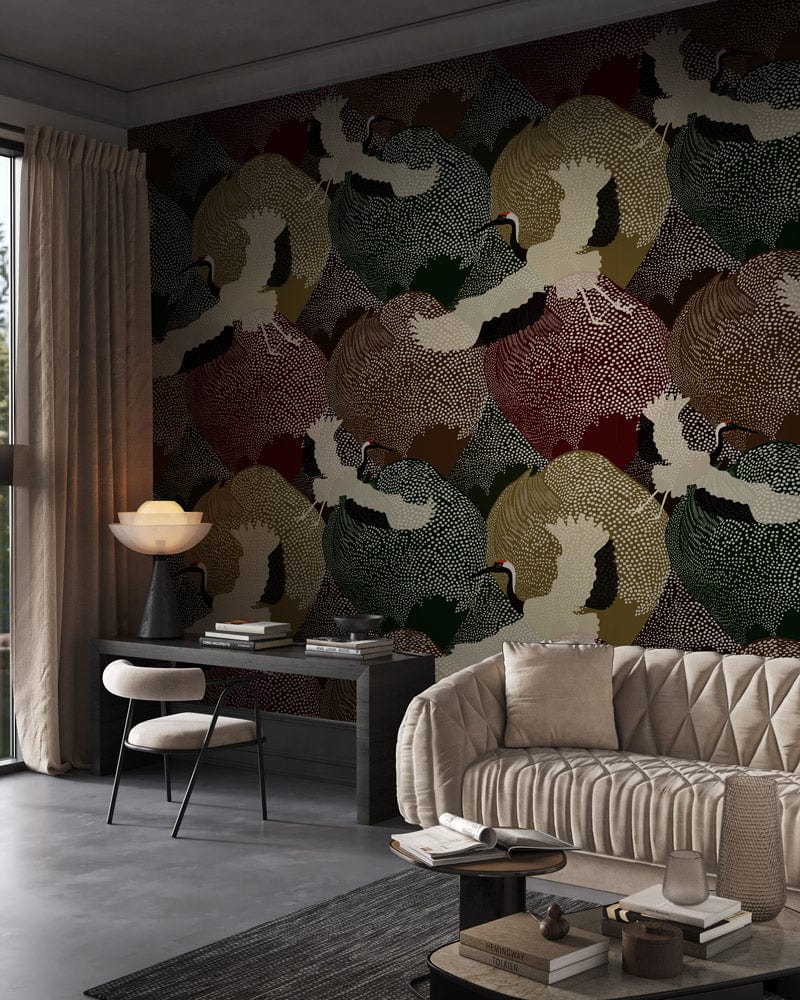 Elegant Crane Pattern Wallpaper in earthy tones, modern living room, stylish sofa, concrete flooring.