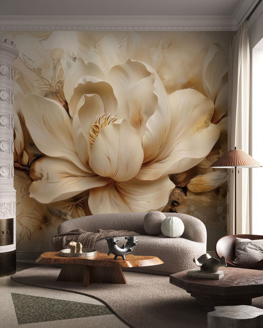 Elegant Cream Magnolia Floral Mural Wallpaper in luxurious living room with modern grey sofa and table.