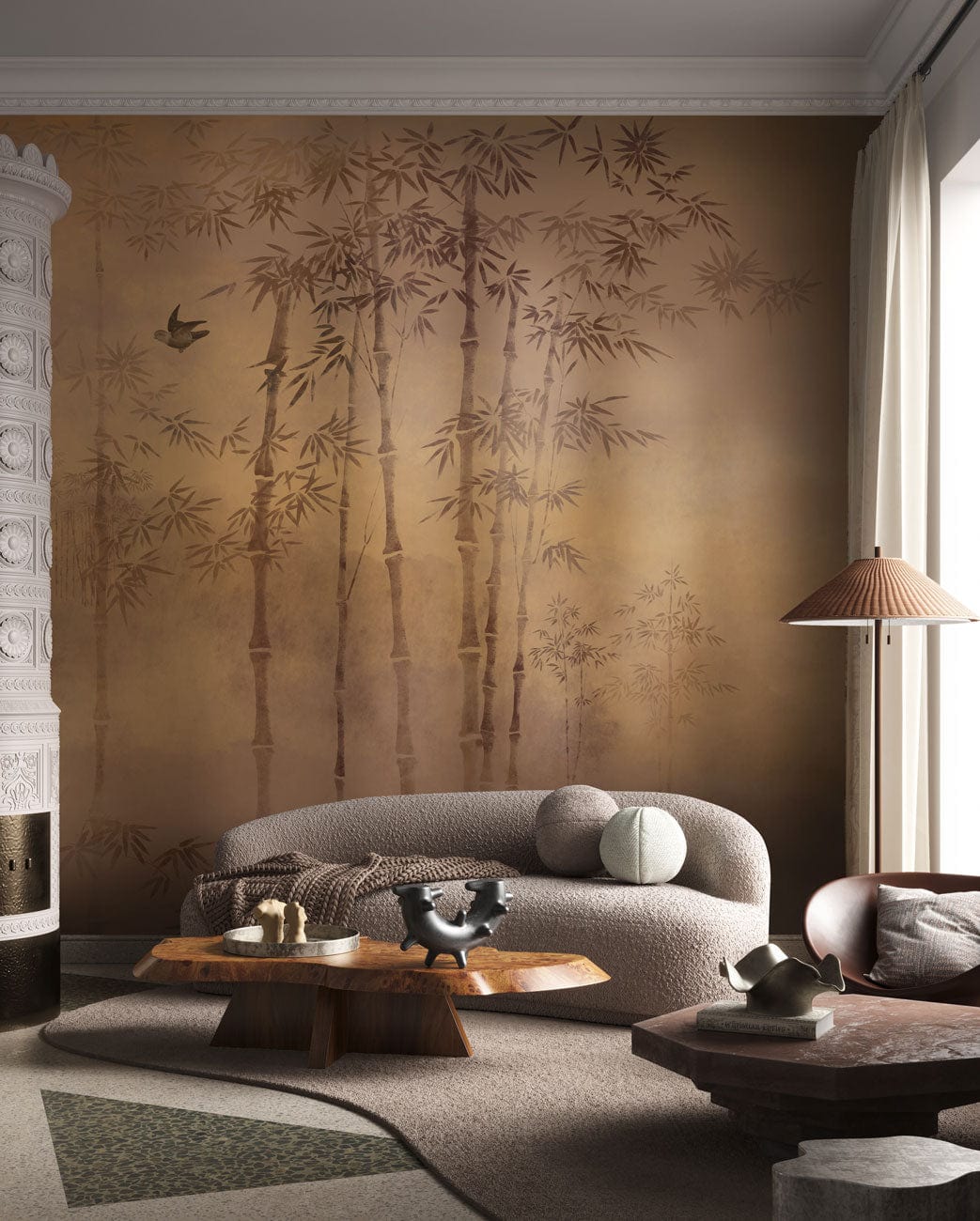 Elegant bamboo and birds mural wallpaper, neutral tones, cosy sofa, modern coffee table, serene living room.