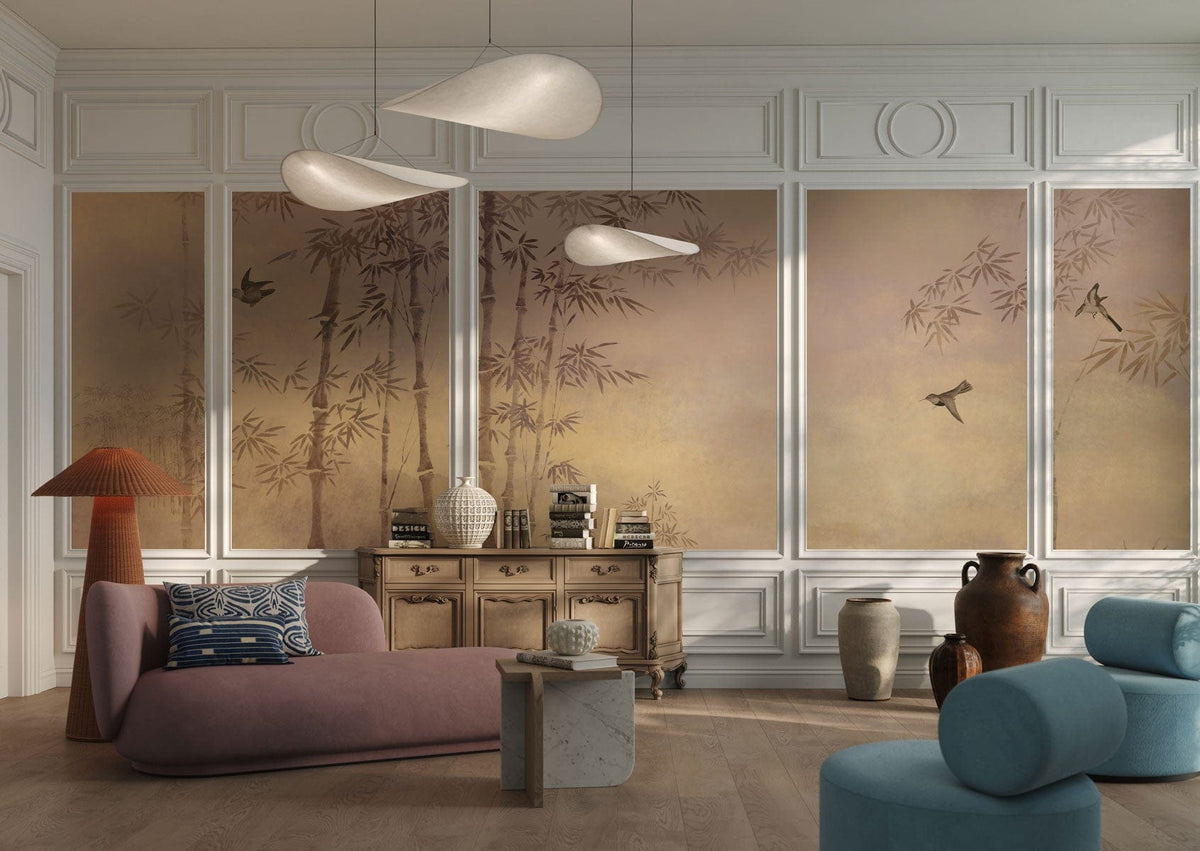 Chic room with bamboo mural wallpaper, elegant wall panels, modern sofas, wood flooring, unique decor.