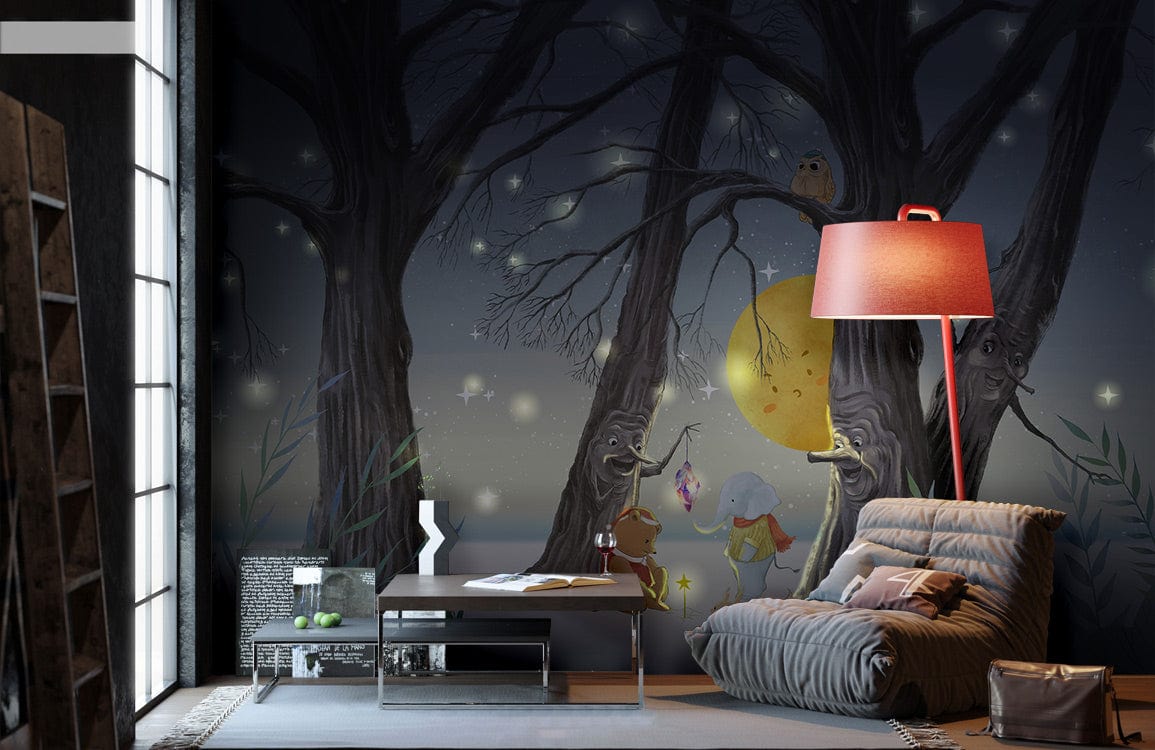 Enchanted Woodland Creatures mural wallpaper, moonlit scene, modern sofa, red lamp, dark wooden flooring.