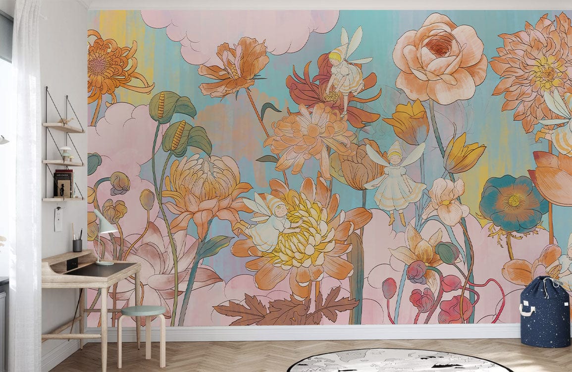 Vibrant pastel floral mural wallpaper in blush and aqua tones, light wooden desk, neutral wall, study.