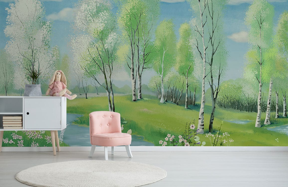 Tranquil Spring Birch Forest mural in pastel greens, pink armchair, light wood flooring, white sideboard.