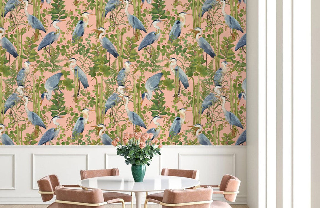 Exotic Blue Heron wall mural, pink and green, dining room, elegant chairs, white table, luxurious decor.