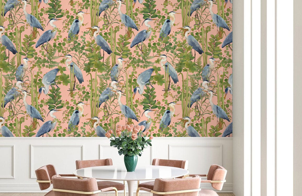 Exotic Blue Heron wall mural, pink and green, dining room, elegant chairs, white table, luxurious decor.