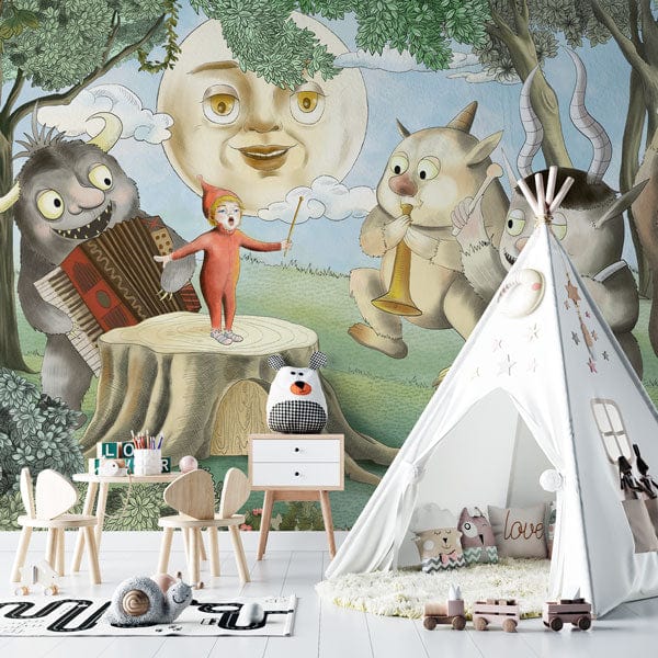 Playroom with Whimsical Forest Creatures Mural Wallpaper, playful teepee tent, white furniture, wooden flooring.
