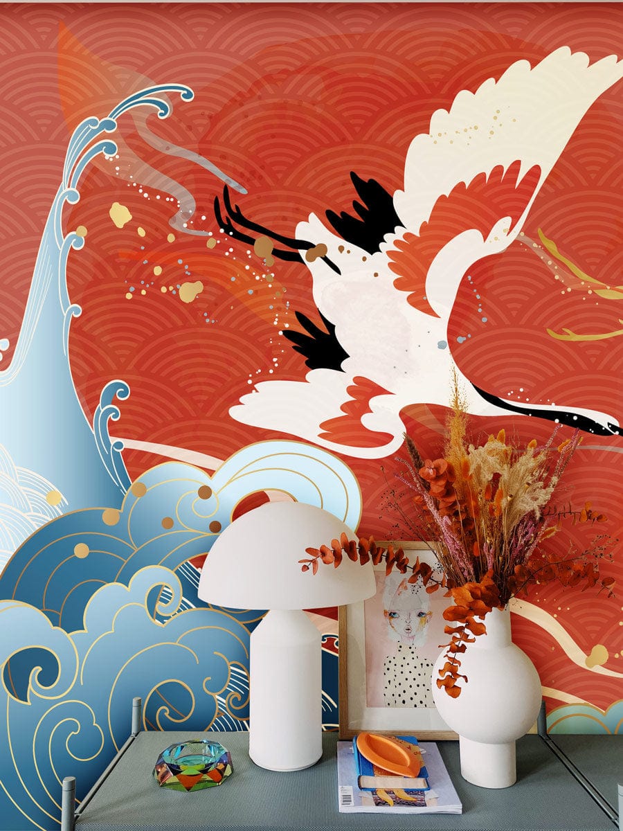 Japanese Crane mural wallpaper with red, blue waves, modern decor, vase, table, vibrant artistic design.
