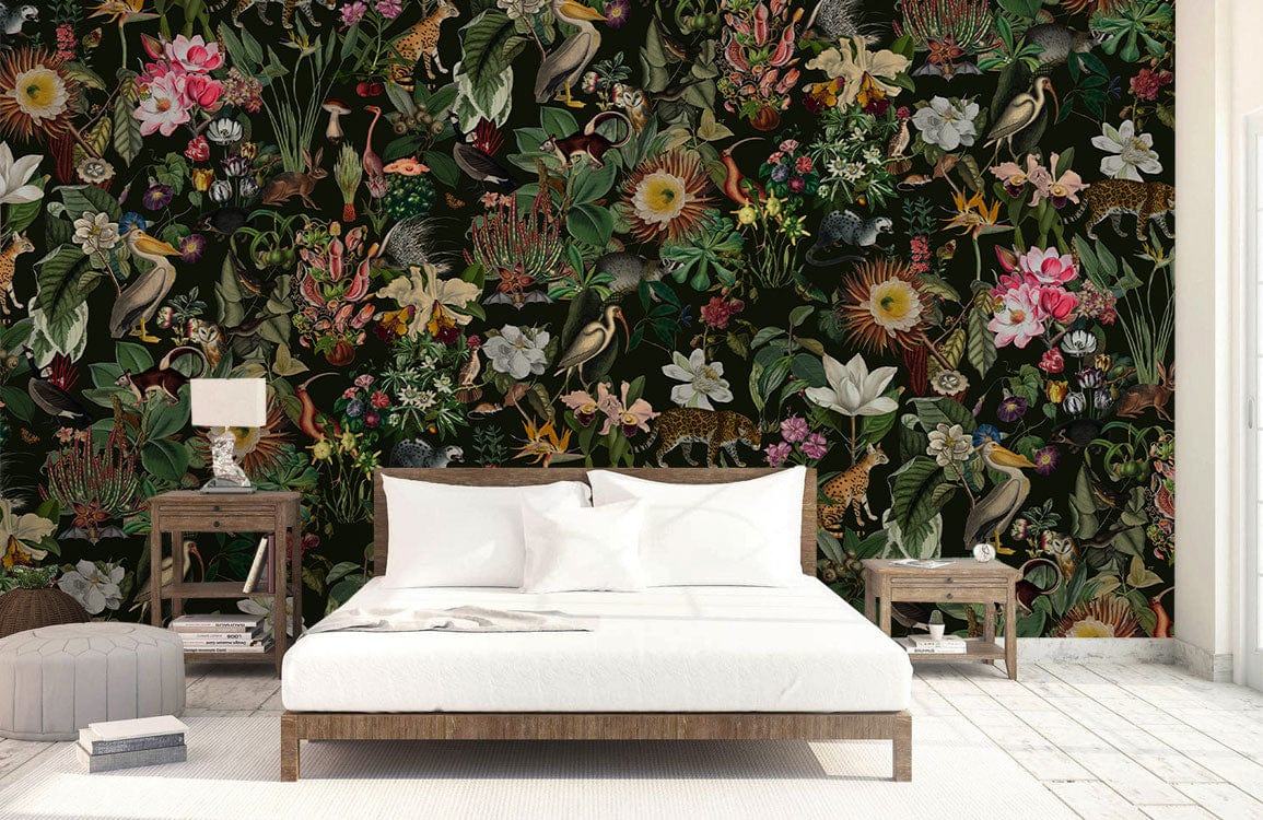 Tropical Jungle Paradise Floral Mural Wallpaper in bedroom with white bed and wooden side tables.
