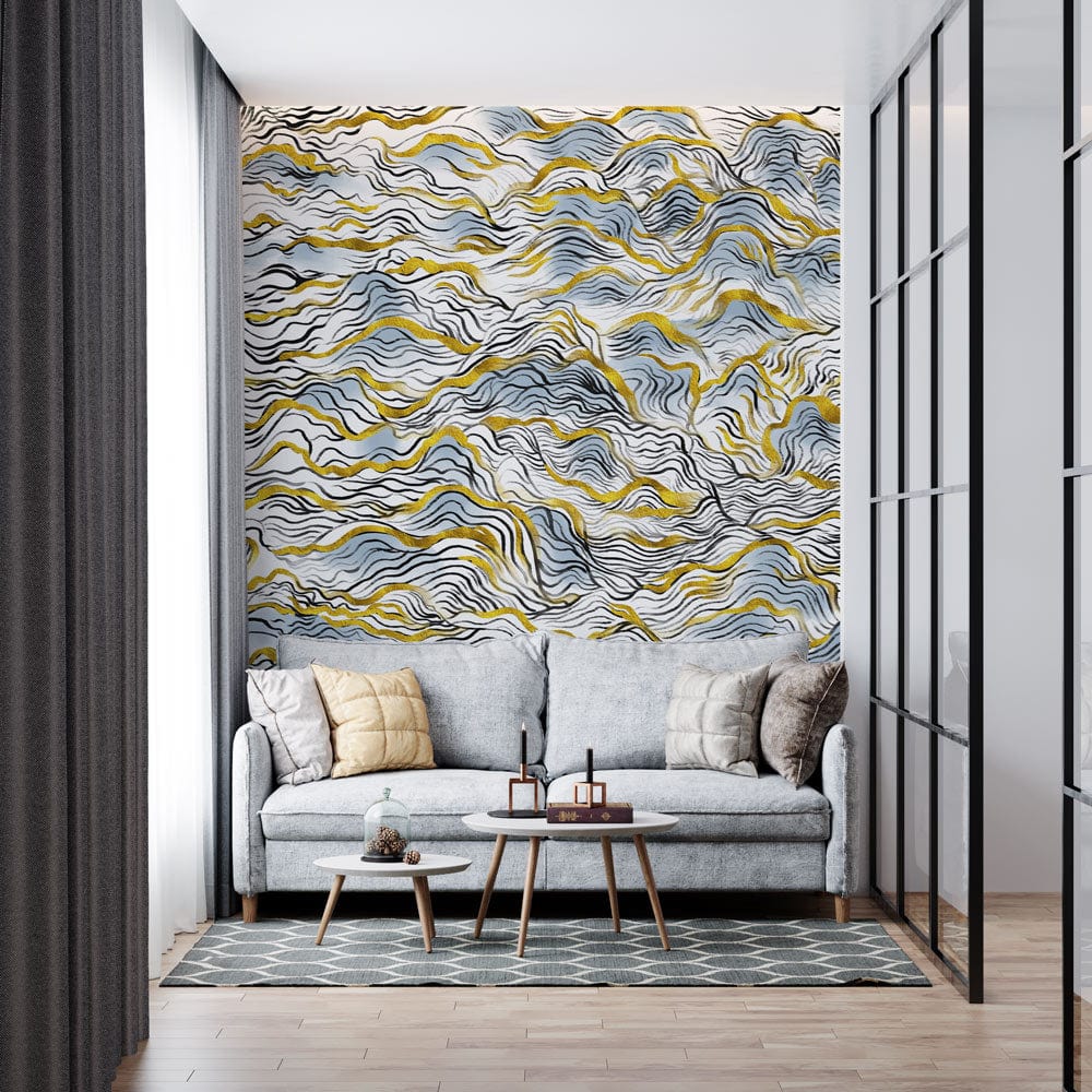 Elegant Blue and Gold Abstract Wallpaper Mural in modern living room with grey sofa, wooden flooring.