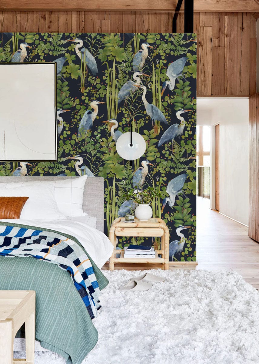 Elegant Blue Heron wallpaper in bedroom, rustic wood walls, white rug, modern bed, stylish decor.