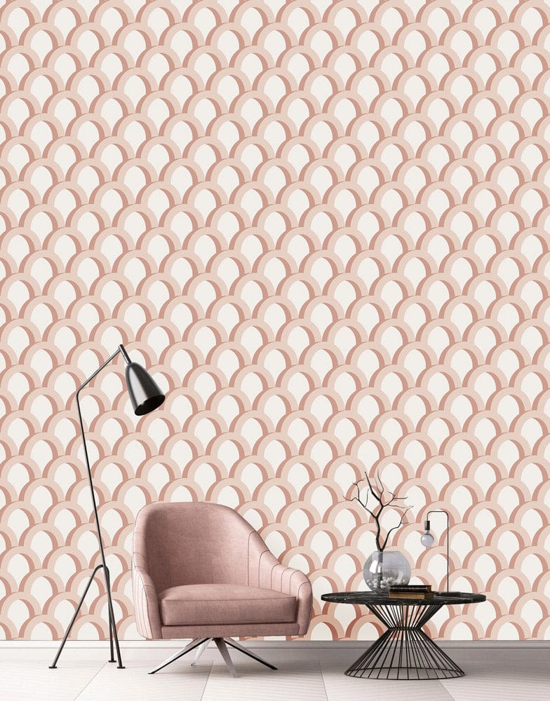 Elegant Peach Scales Wallpaper, modern living room with pink armchair, black floor lamp, and minimal decor.