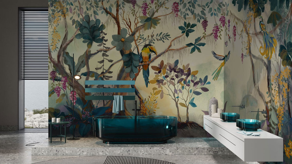 Tropical Paradise Jungle Mural with Exotic Birds, featuring teal bath, grey flooring in modern bathroom.