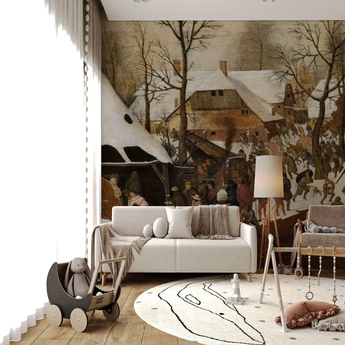 Vintage winter village mural wallpaper with rustic countryside art in living room, beige sofa, wooden flooring.