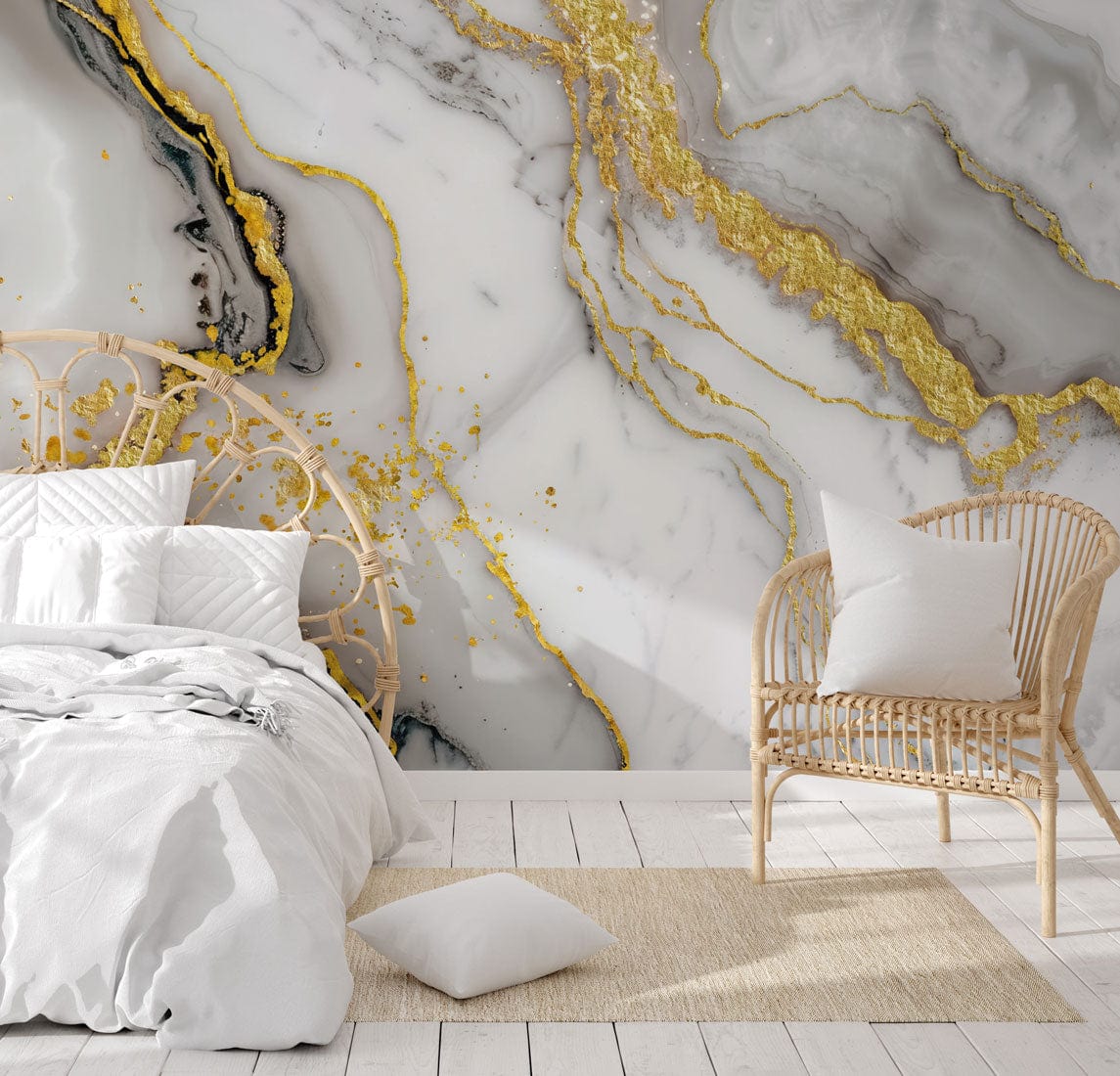 Luxury Gold Marble Effect Wallpaper with Elegant Grey Swirls, rattan chair, cosy bedroom, wooden flooring.