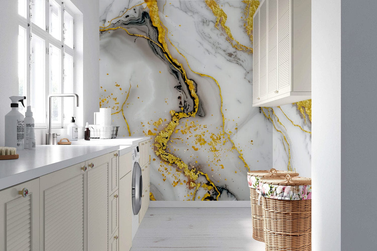Luxury Gold Marble Effect Wallpaper in modern kitchen with light cabinets and wicker baskets.