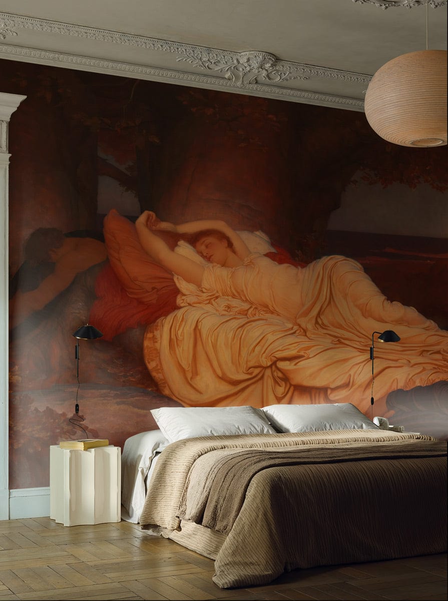 Elegant Victorian-style sunset mural wallpaper in a cosy bedroom with modern furnishings and hardwood flooring.