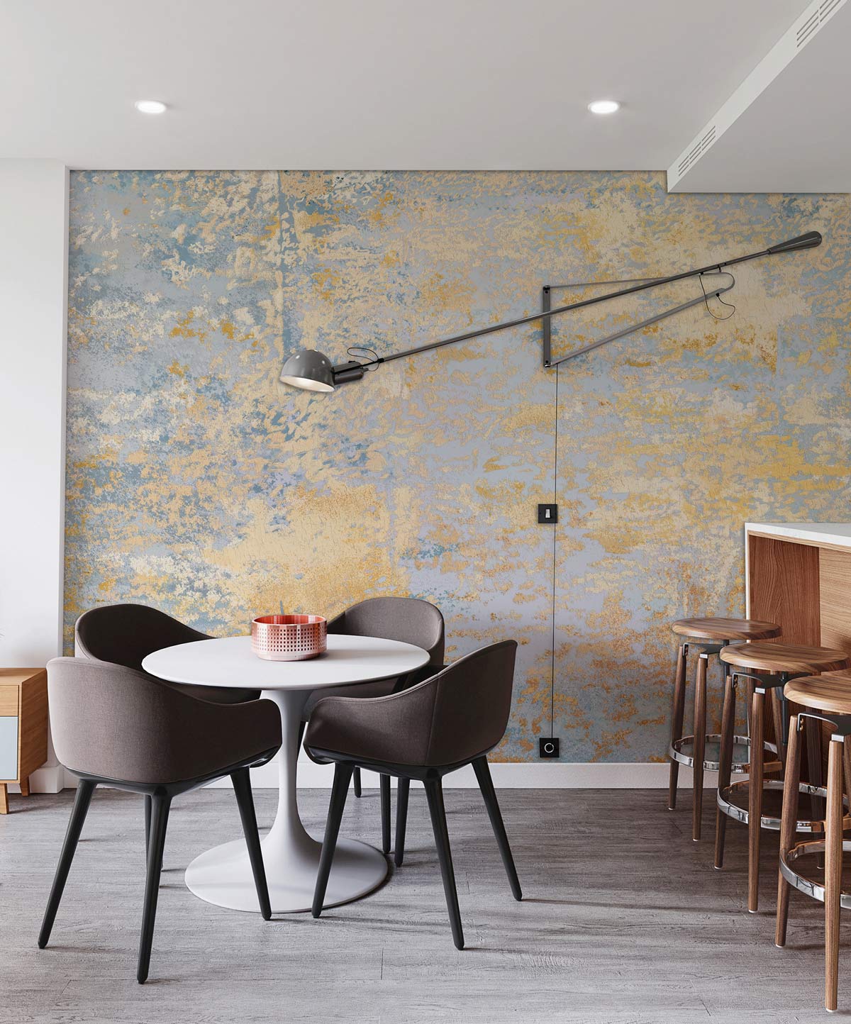 Modern dining room with a vintage pastel mural wallpaper, brown chairs, and wooden barstools.