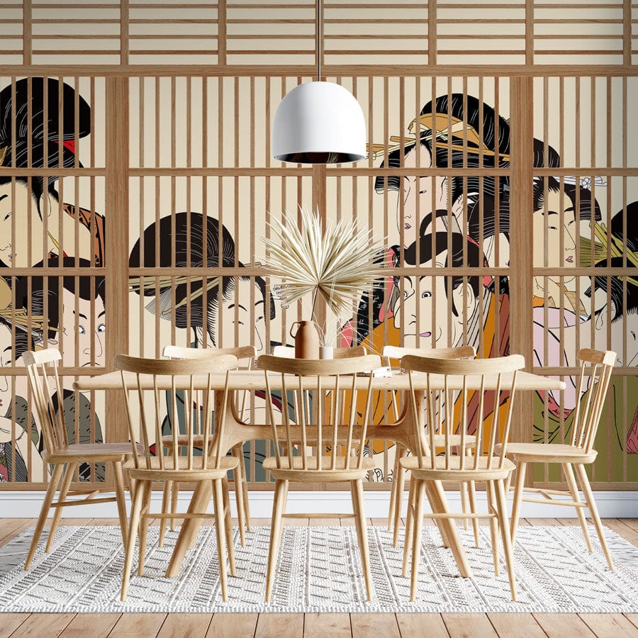 Traditional Japanese Geisha mural wallpaper, wooden dining chairs, modern pendant light, wooden flooring, dining room.