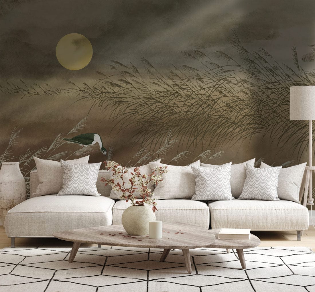 Tranquil Heron mural wallpaper, earthy tones, beige sofa, modern living room, stylish chevron rug flooring.