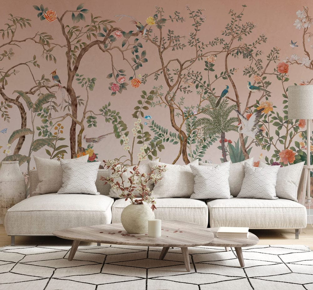 Vintage botanical garden mural wallpaper, beige sofa, patterned rug, floral design, elegant living room.