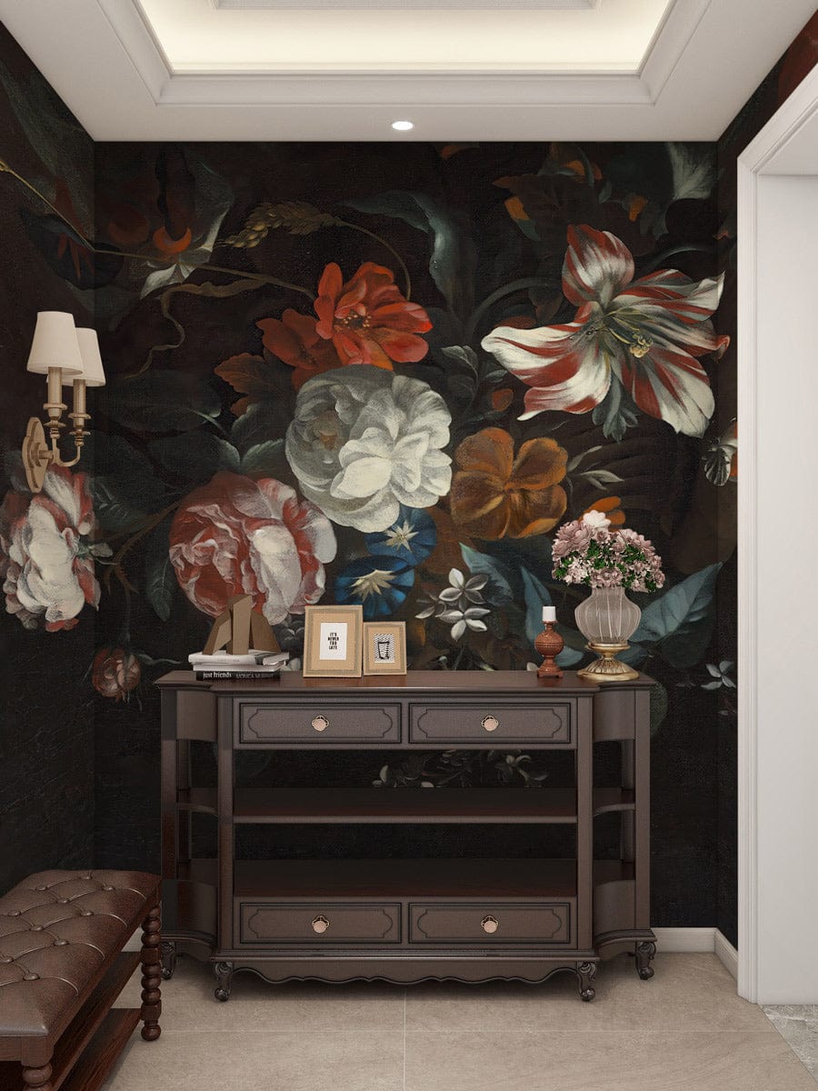 Elegant dark floral mural wallpaper featuring vibrant blooms, brown console table, tufted bench, neutral flooring.