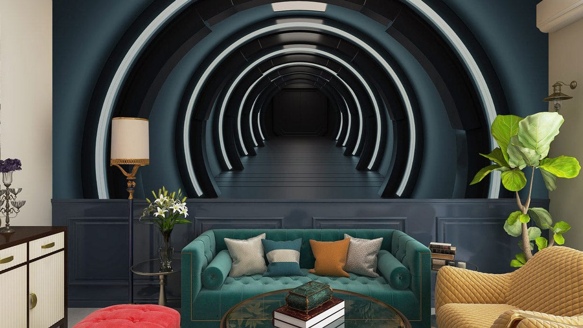 Futuristic blue neon tunnel mural wallpaper in modern living room with teal sofa and unique decor.