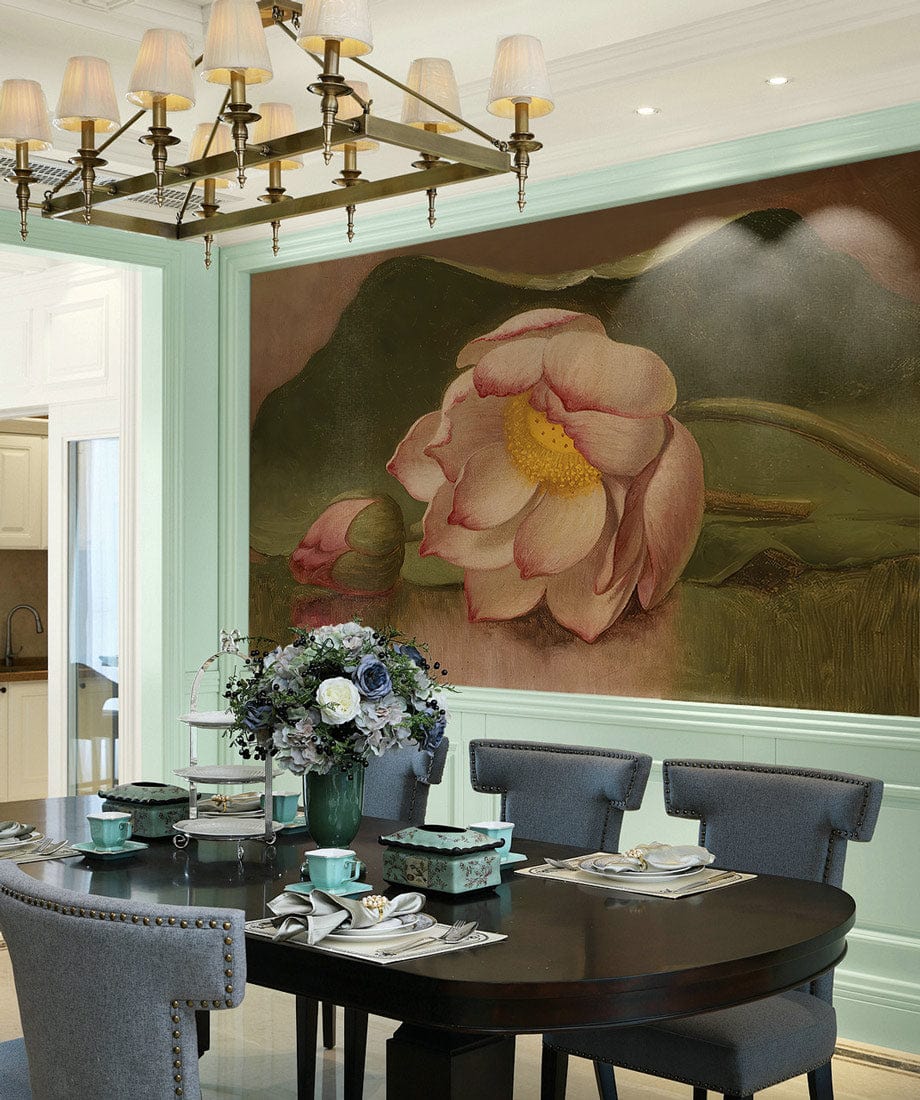 Vintage Lotus Blossom Mural in soft pink/green, classic dining room with dark wood table, blue chairs.