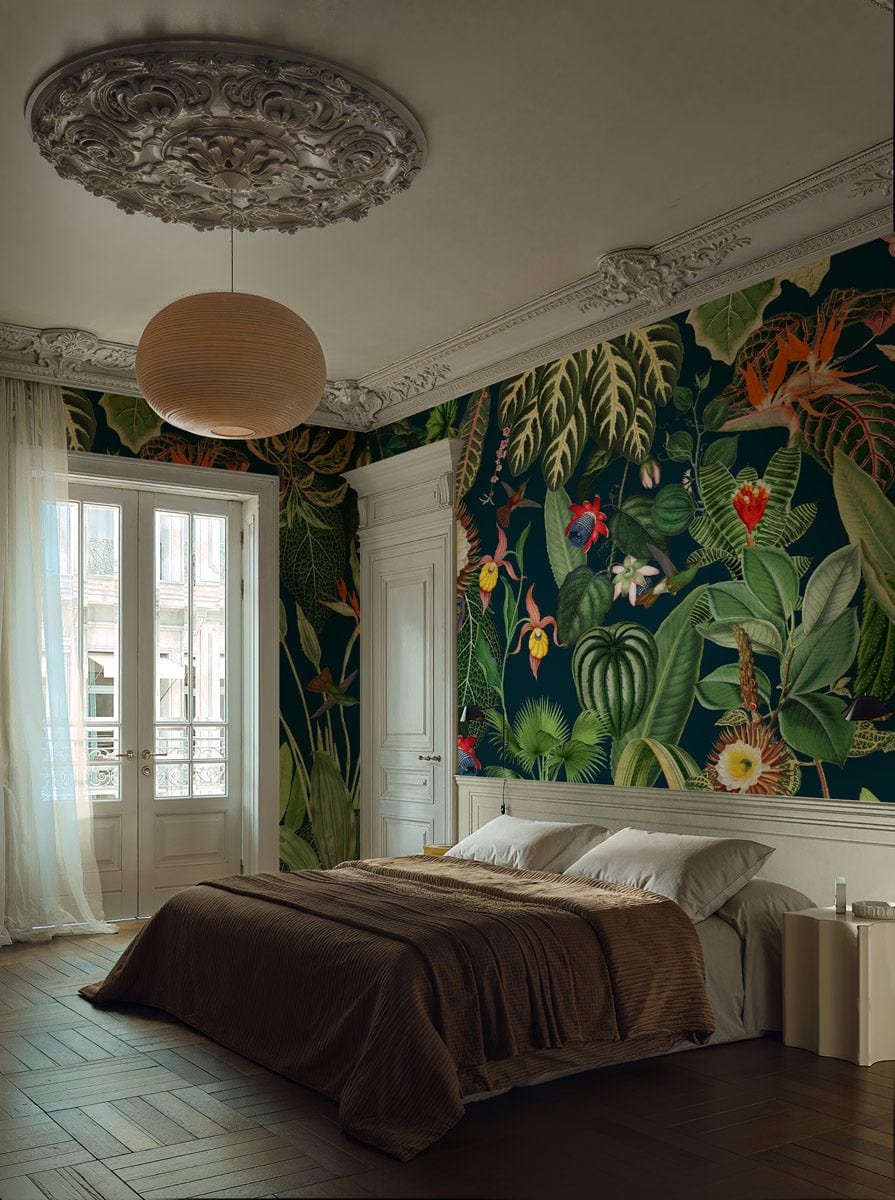 Tropical Jungle Oasis Botanical Mural Wallpaper in elegant bedroom with brown bedding and wooden flooring.