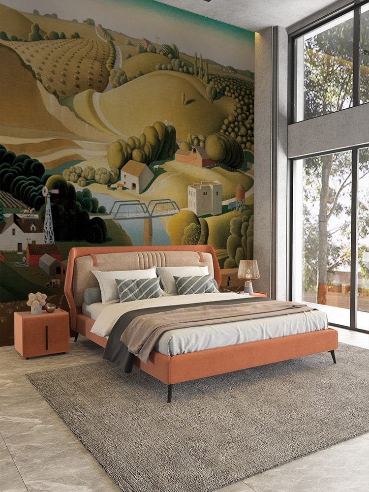 Idyllic Countryside Landscape Mural Wallpaper, king bed with orange frame, grey rug, marble flooring.