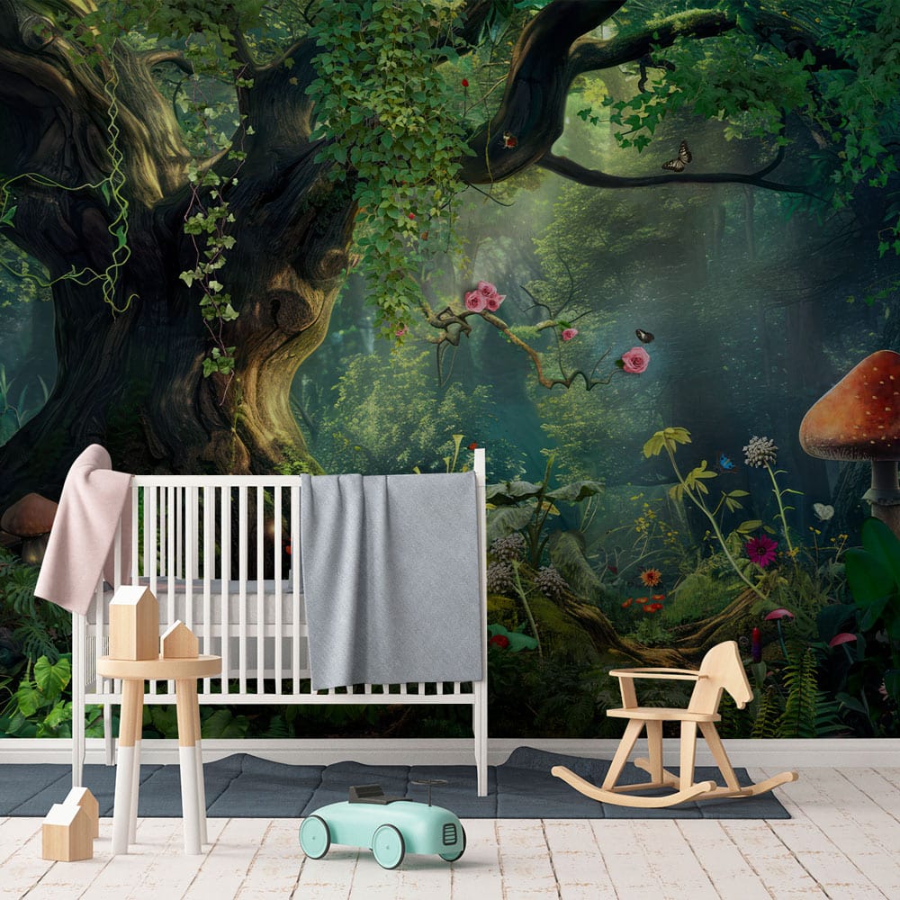 Enchanted Forest mural wallpaper in nursery with cot, rocking chair, wooden floor, lush woodland scenery.