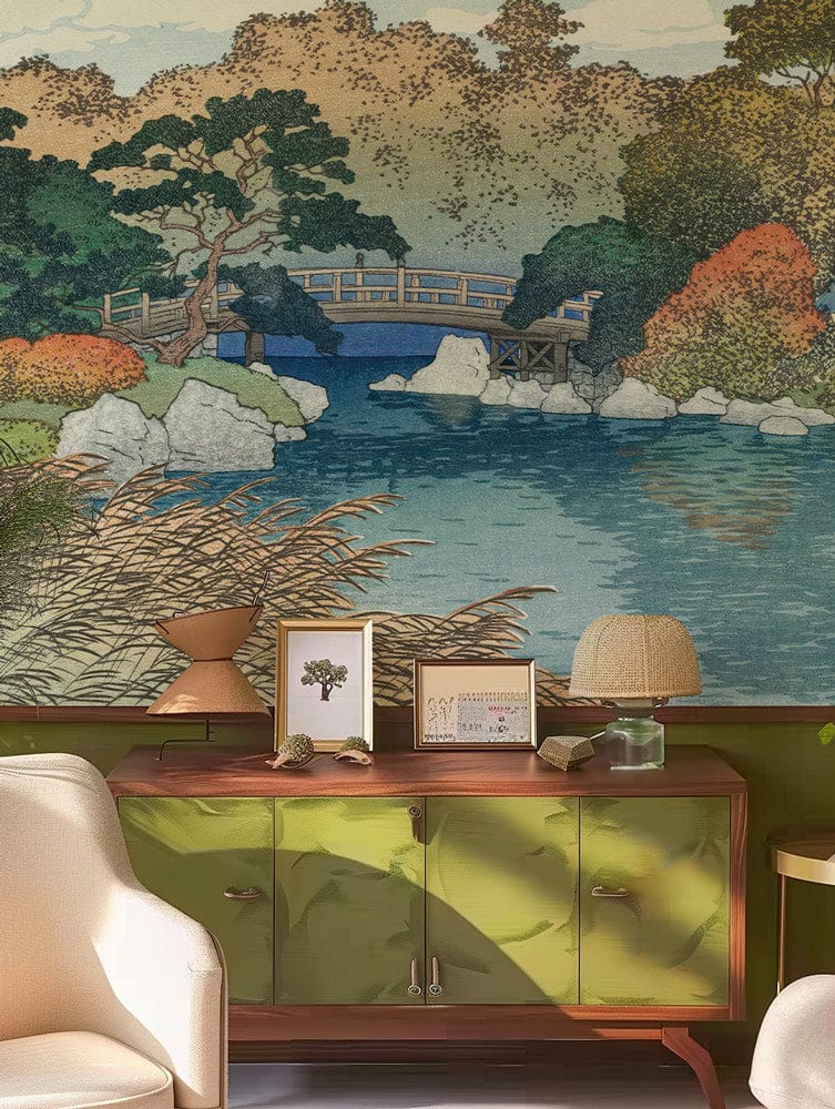 Serene Autumn Landscape Mural Wallpaper - Japanese style, earthy tones, green sideboard, cream armchair.