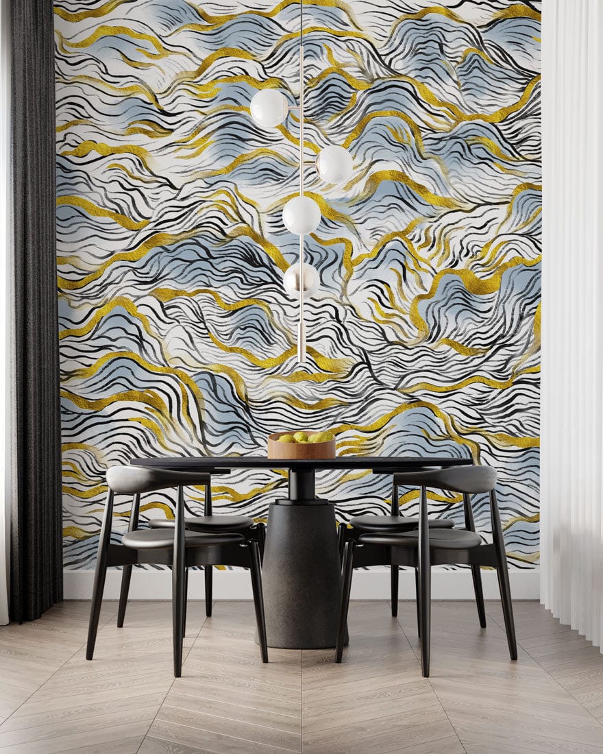 Elegant Blue and Gold Wallpaper Mural in dining room. Modern chairs, round table, pendant light.