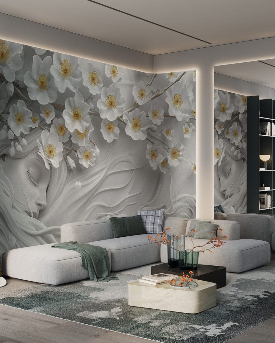 Tranquil Floral Dream wallpaper: elegant white blossoms, modern sofa, grey walls, living room, contemporary decor.