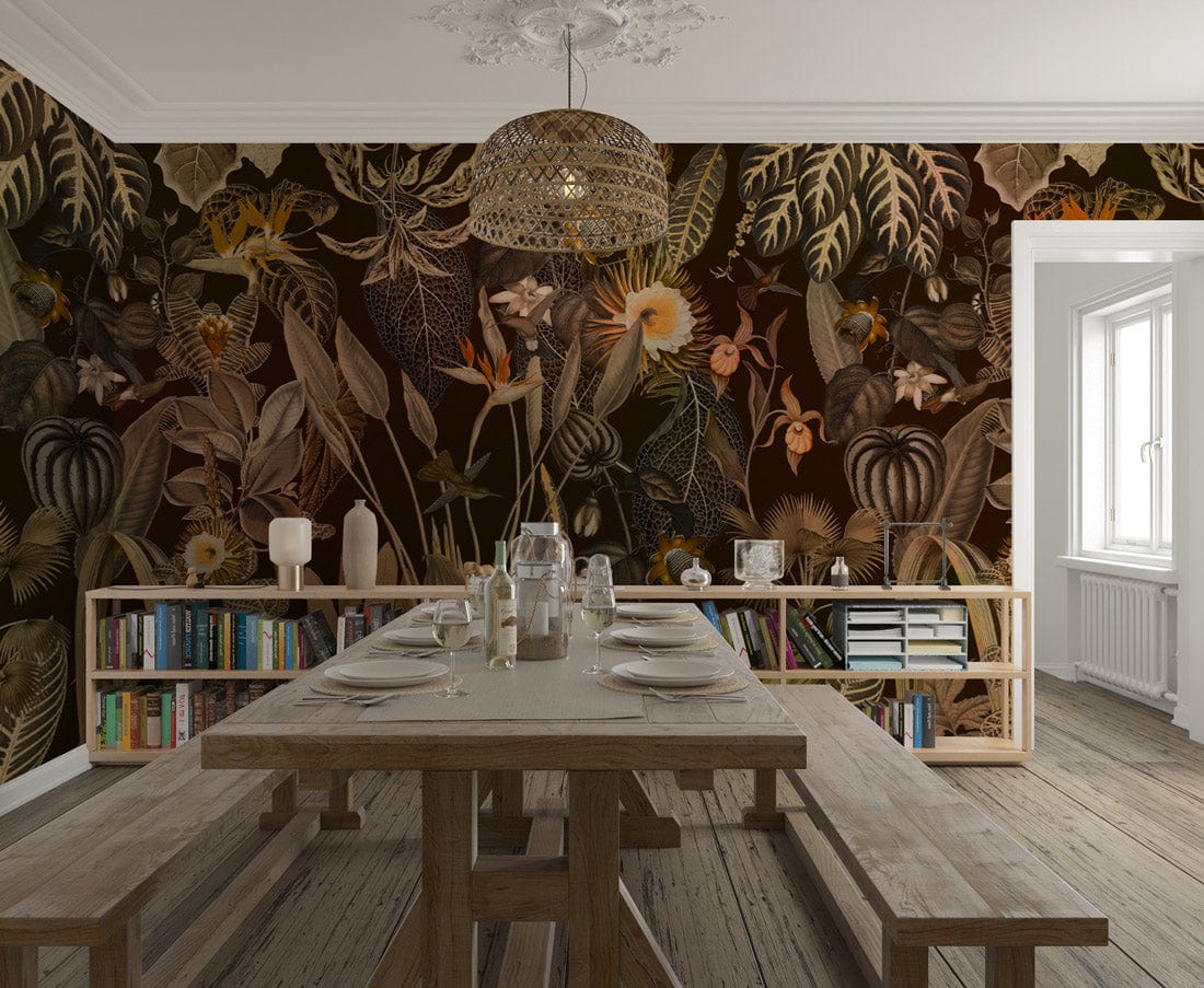 Vintage Botanical Dark Floral Wallpaper in dining room with rustic wooden table and bookshelves.