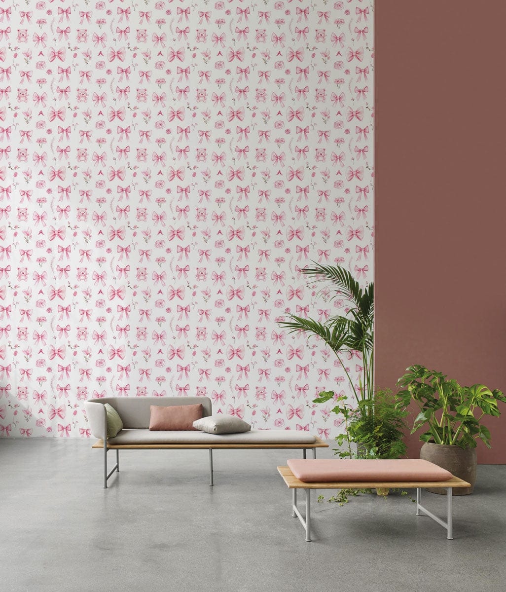 Pink Berry Blossom floral wallpaper, modern sofa, minimalist concrete flooring, chic interior decor.