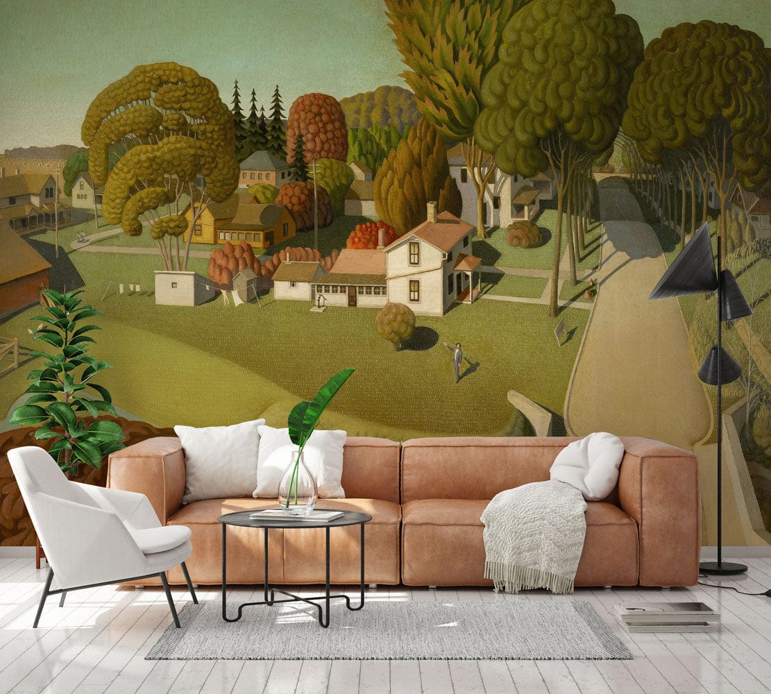 Vintage Countryside Charm Mural with Autumn Colours; brown sofa, white chair, modern room setting.
