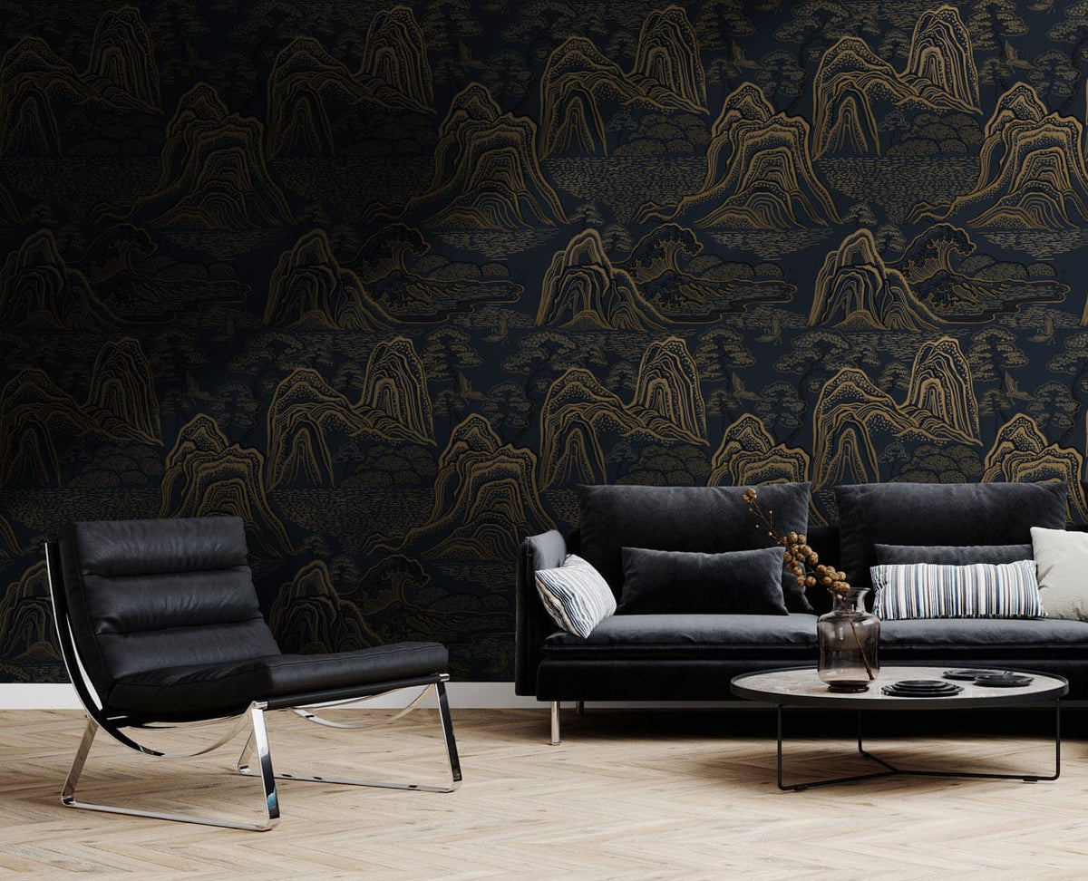 Elegant dark gold oriental wallpaper with black sofa, modern chair, and contemporary round coffee table.