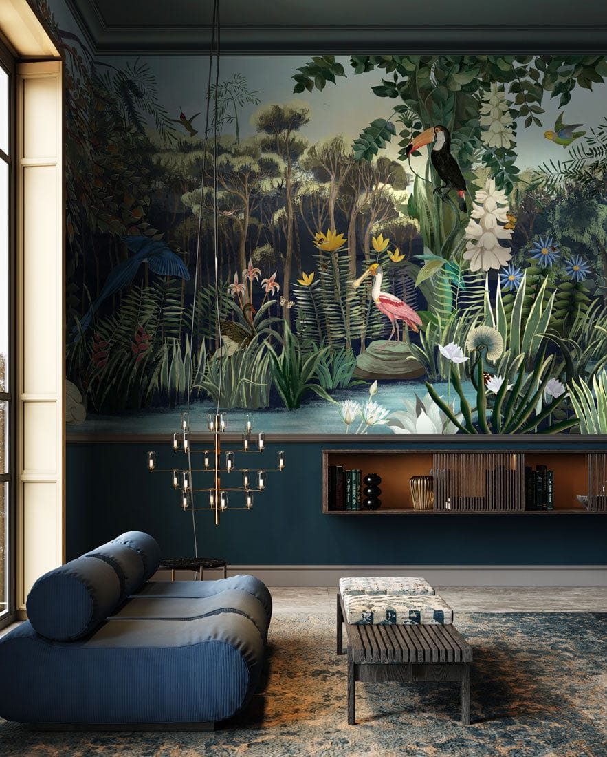 Elegant Jungle Dream Mural Wallpaper in living room with blue sofa, modern chandelier, wooden shelf.