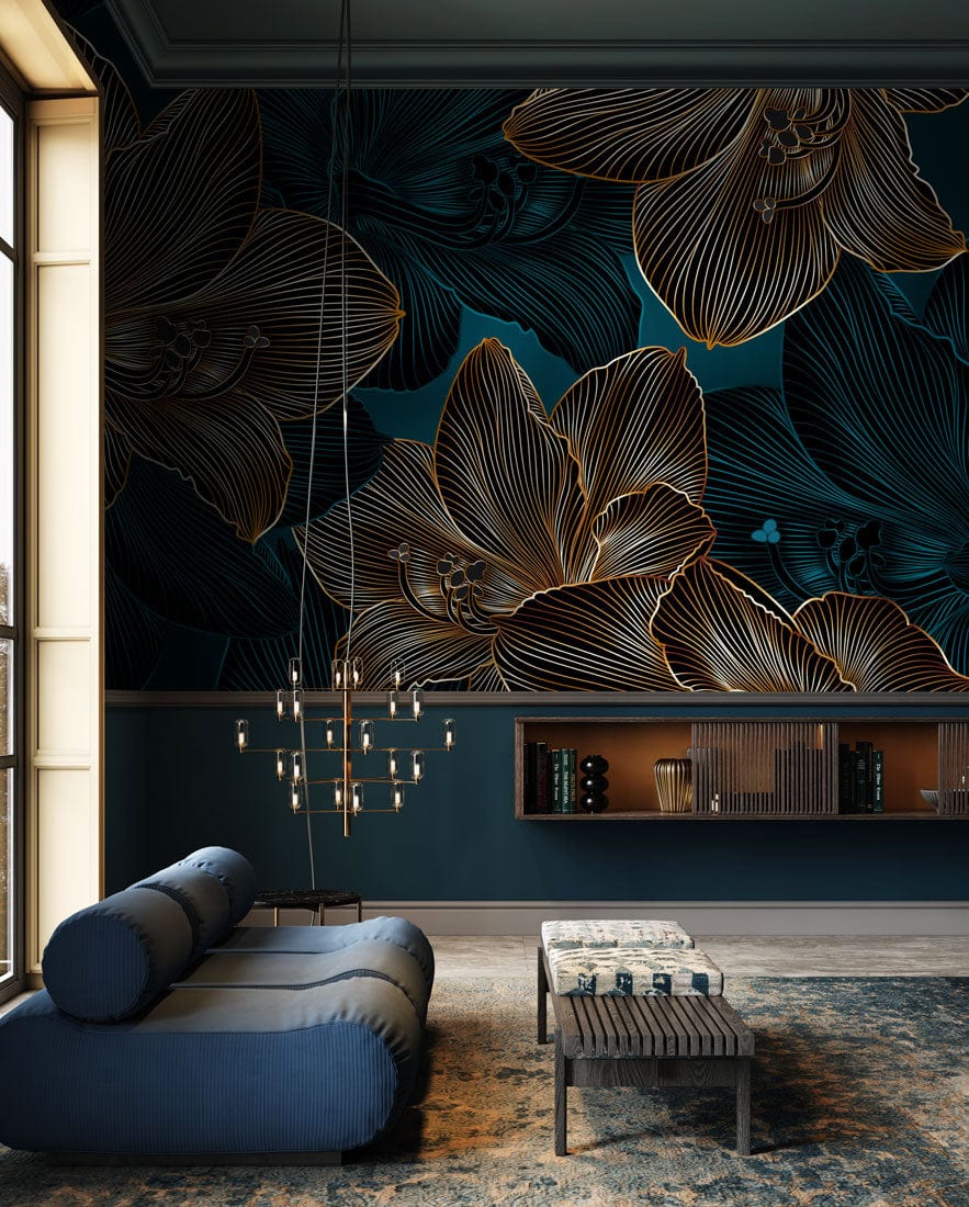 Elegant midnight blue floral line art wallpaper, copper accents, blue sofa, wooden flooring, pendant light.