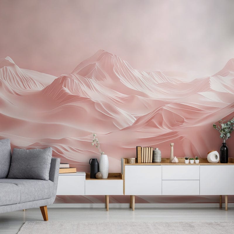 Elegant Blush Desert Dreamscape Wallpaper with minimalist mountain mural; grey sofa, sleek sideboard.