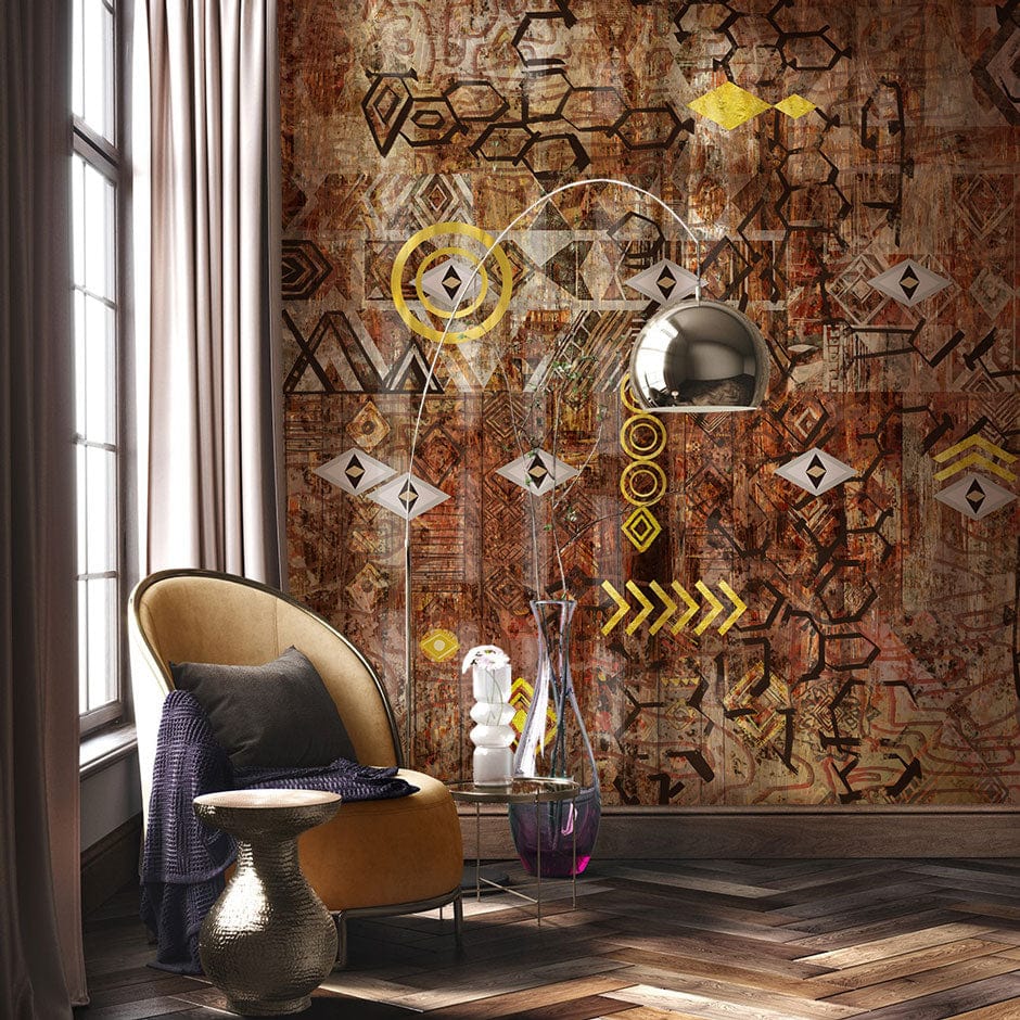 Rustic geometric tribal wallpaper with warm tones in cosy living room, featuring stylish chair and Décor.