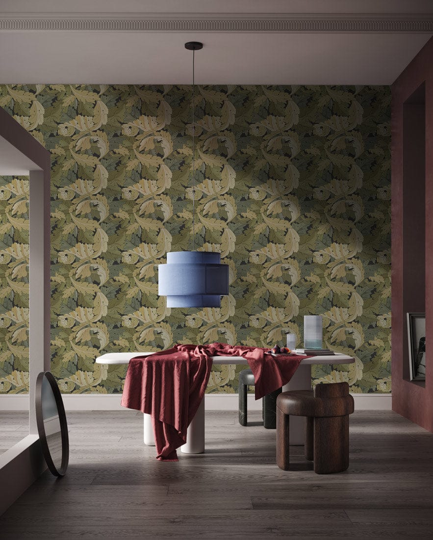 Vintage botanical wallpaper with olive green and beige, dining area, wooden flooring, modern decor.