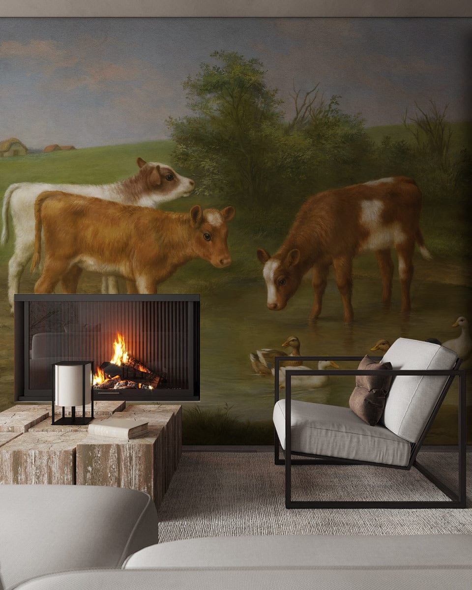 Charming countryside mural with calves, ducks, rustic pastoral style, grey walls, wood furniture, modern armchair.