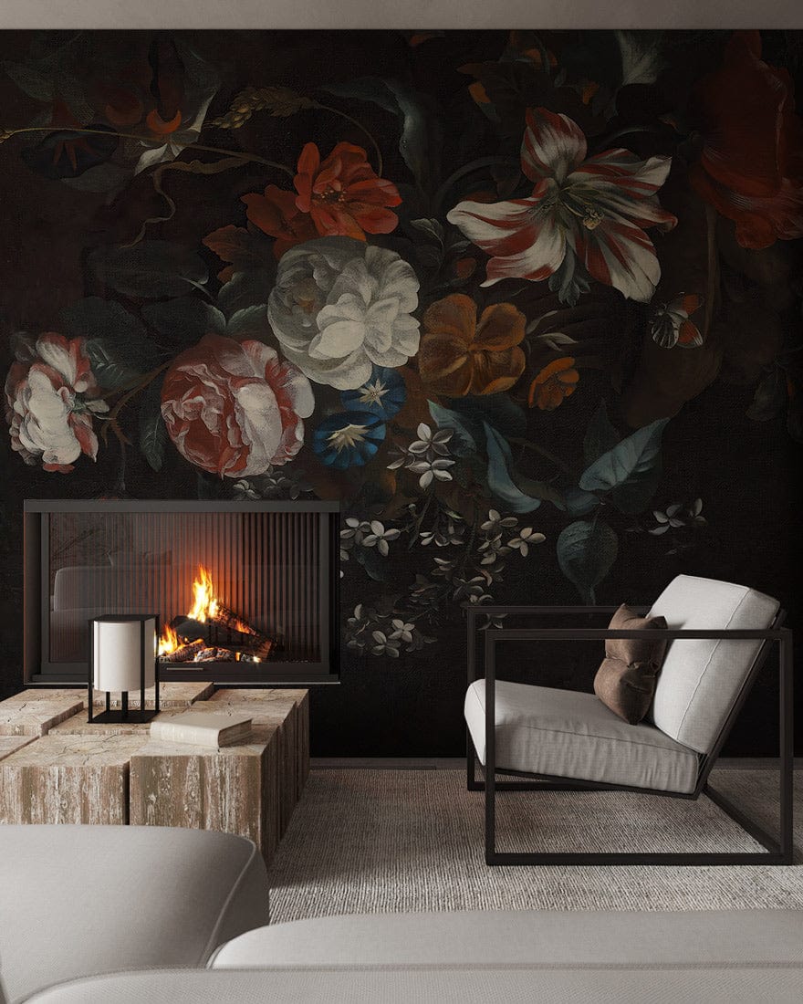 Elegant dark floral mural wallpaper with vibrant blooms, beige armchair, fireplace, stone coffee table, cosy room.