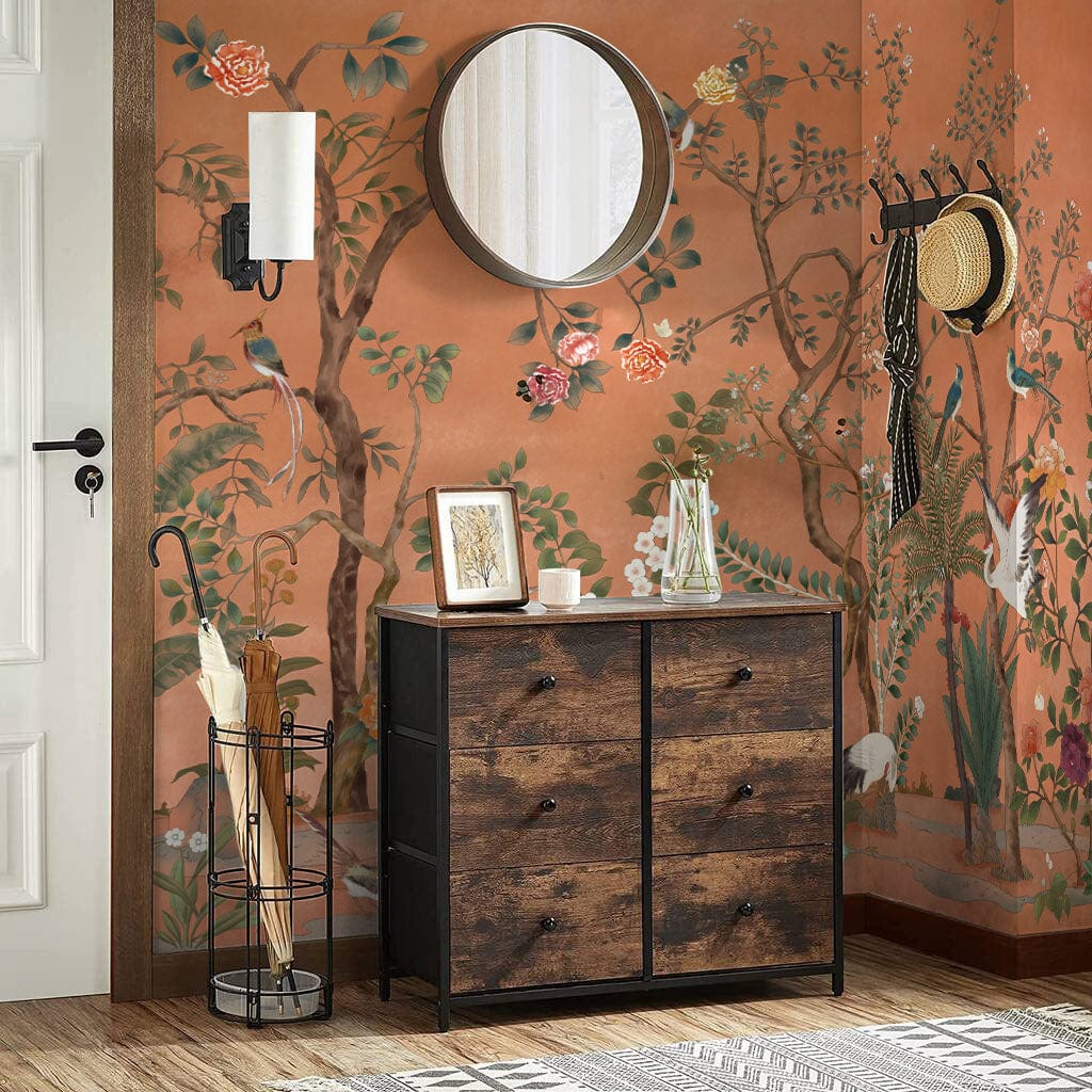 Chinoiserie Coral Garden Mural Wallpaper with floral, bird design, wooden dresser, round mirror, hallway decor.