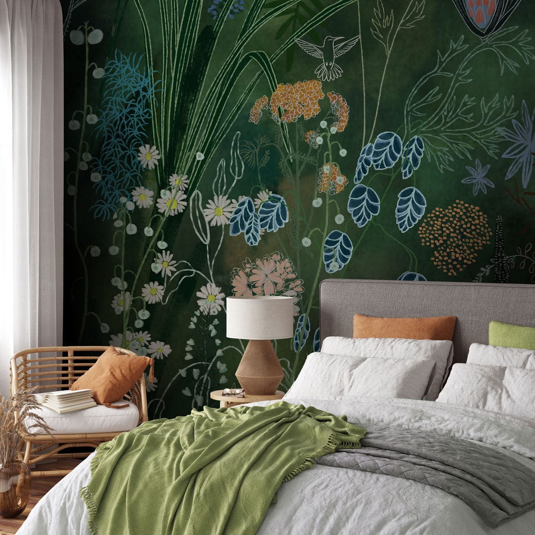 Botanical Garden Fantasy Green Nature Mural Wallpaper with Colourful ...