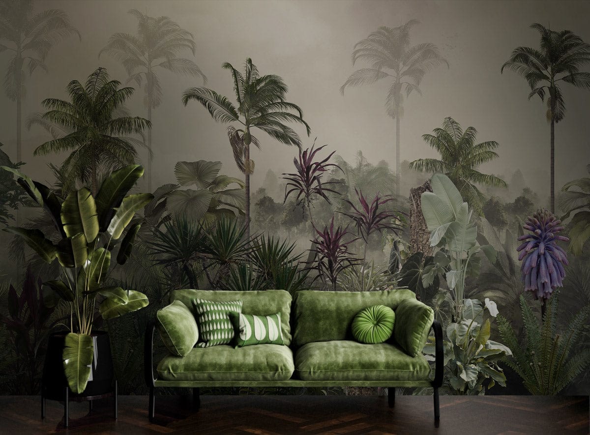 Exotic jungle mural wallpaper with green sofa; lush nature oasis design enhances living room decor.