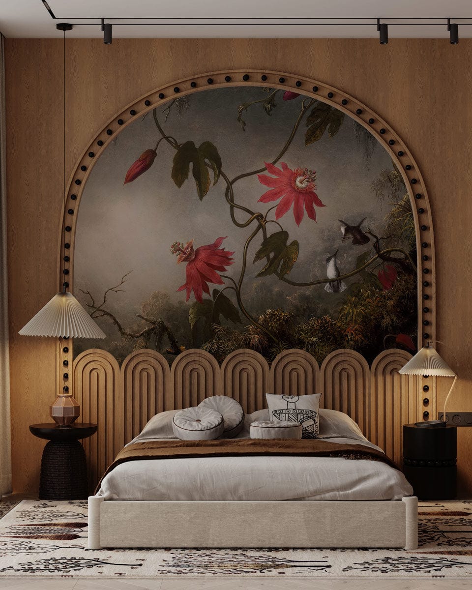 Vintage Botanical Mural Wallpaper with red flowers, hummingbirds, modern bedroom, wood panel wall, elegant.